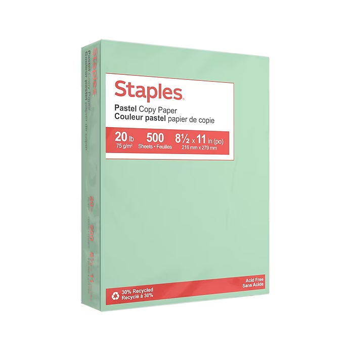 Staples Pastel 30% Recycled Color Copy Paper, 20 lbs., 8.5 x 11, Gray, 500/Ream (14785)