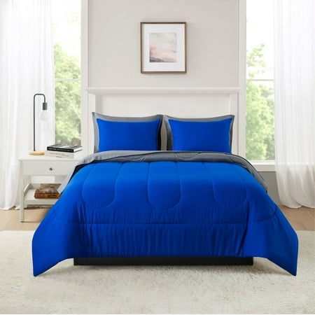 Mainstays 7 Piece Reversible Bed in a Bag Comforter Set with Sheets, Blue, Full, All Ages