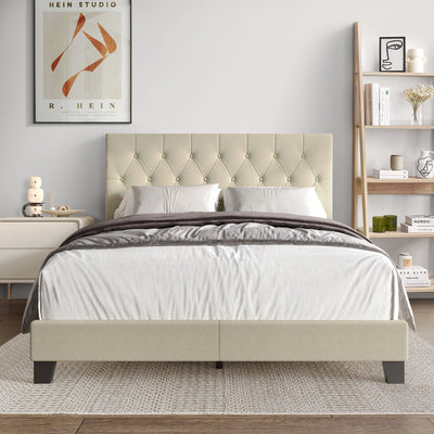 Simple Button Tufted Linen Upholstered Bed Beige - Twin