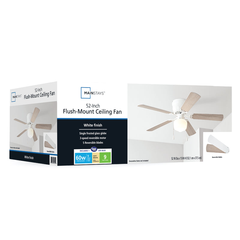 Mainstays 52 inch Hugger Indoor Ceiling Fan with Light Kit, White, 5 Blades, Reverse Airflow