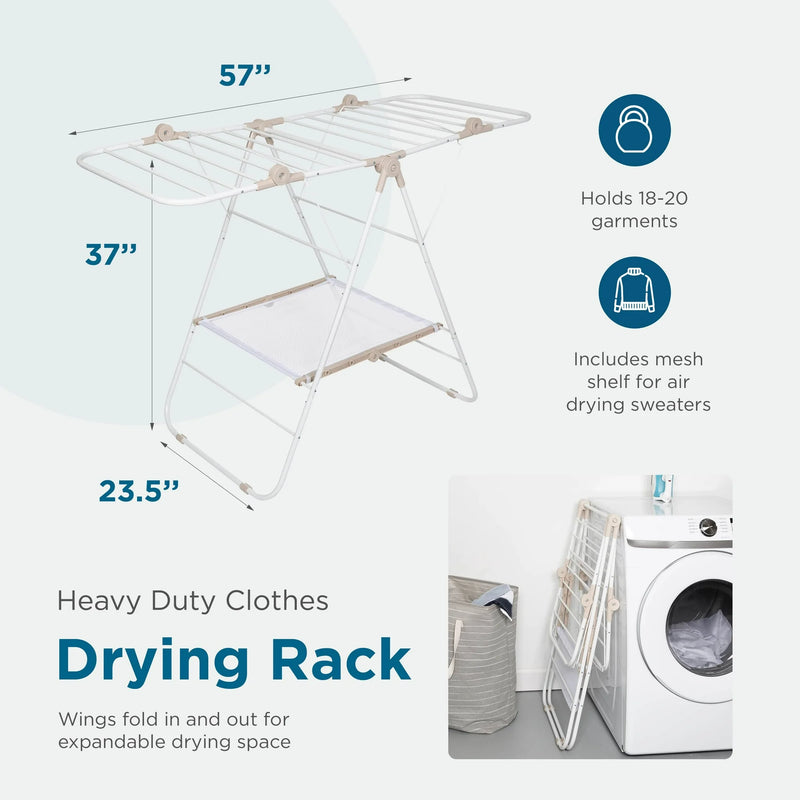 Mainstays Folding Steel and Mesh Freestanding Wing Clothes Drying Rack, White