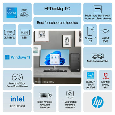 HP Windows Desktop Intel Core i5-13400 12GB RAM 512GB SSD, Dark Black