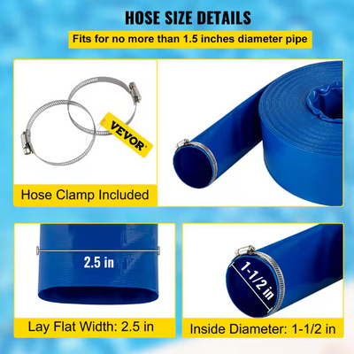 VEVOR Discharge Hose 105' PVC Fabric Lay Flat Hose with Clamps