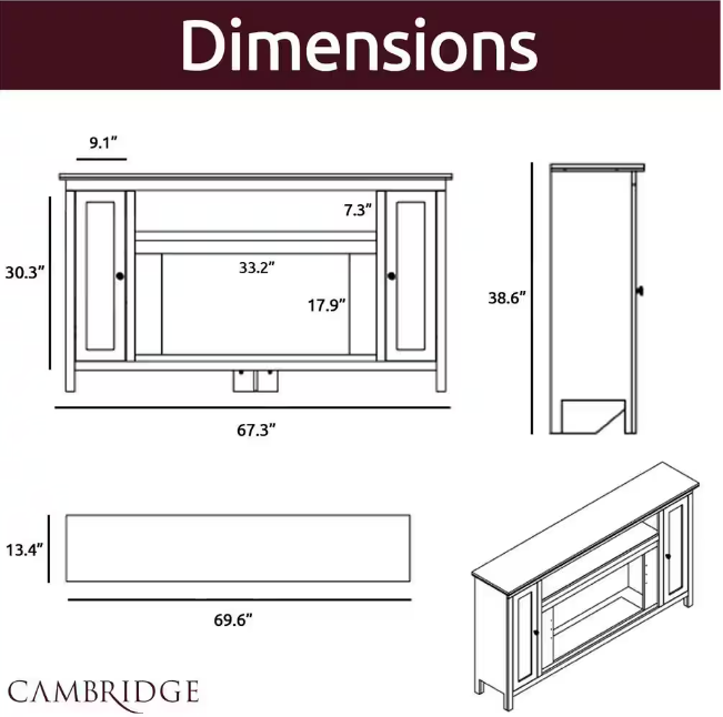 Cambridge 70" White Electric Fireplace TV Stand (Mantle Only)