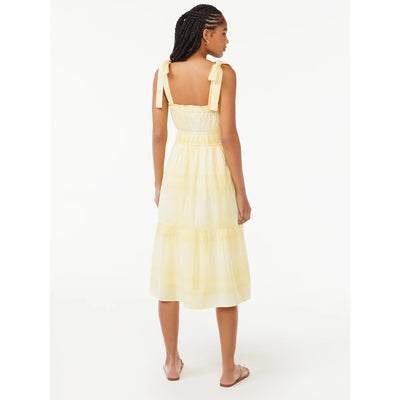 Free Assembly Women's Midi Sundress with Tie Shoulder Straps, Cadmium Yellow Plaid