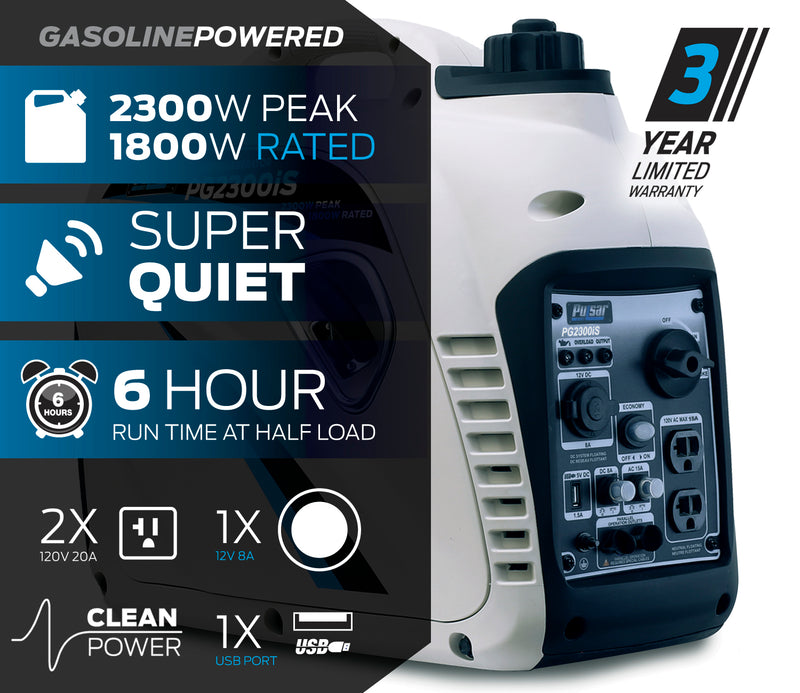 Pulsar 2300-Watt Super Quiet Gasoline Powered Inverter Generator with USB