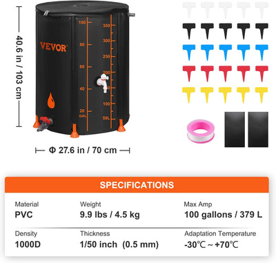 VEVOR 100 Gallon Collapsible Rain Barrel, Portable Rainwater Collection System Water Tank