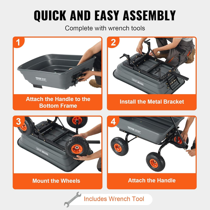 VEVOR 4 Cu.Ft. 600lbs Poly Garden Cart Dump Wagon, Heavy Duty Yard Dump Cart Wagon