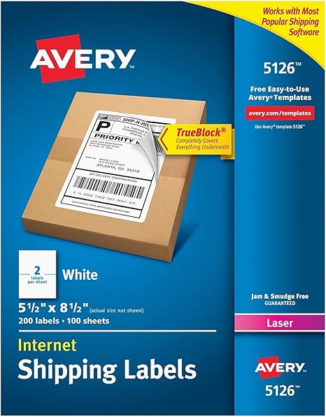 Avery 5126 TrueBlock Shipping Labels, Laser, 5-1/2 x 8-1/2, White, 200/Box