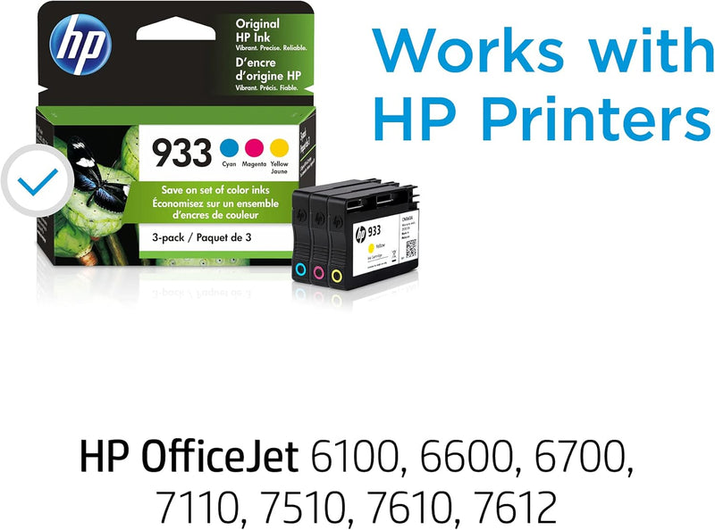 HP 933 Cyan, Magenta & Yellow Original Ink Cartridges, 3 Pack , Exp:9/2024