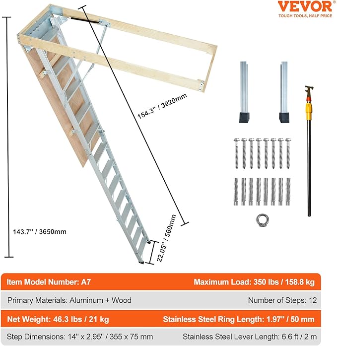 VEVOR Foldable Attic Ladder, 9.5&