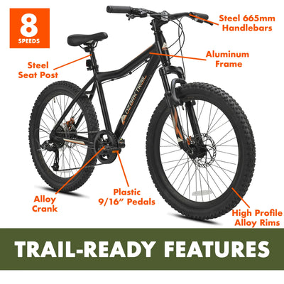 Ozark Trail Glide Mountain Bike, 24" Wheels, 8 Speed, Black, Fits Riders 4'6" - 5'6", Teen