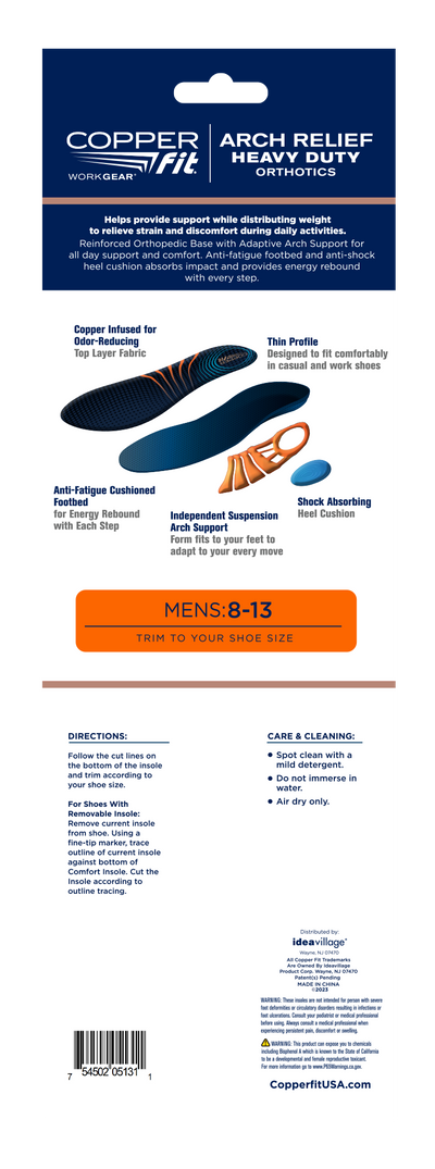 Copper Fit® Work Gear Arch Relief Orthotic Insoles, One Size Fits Most