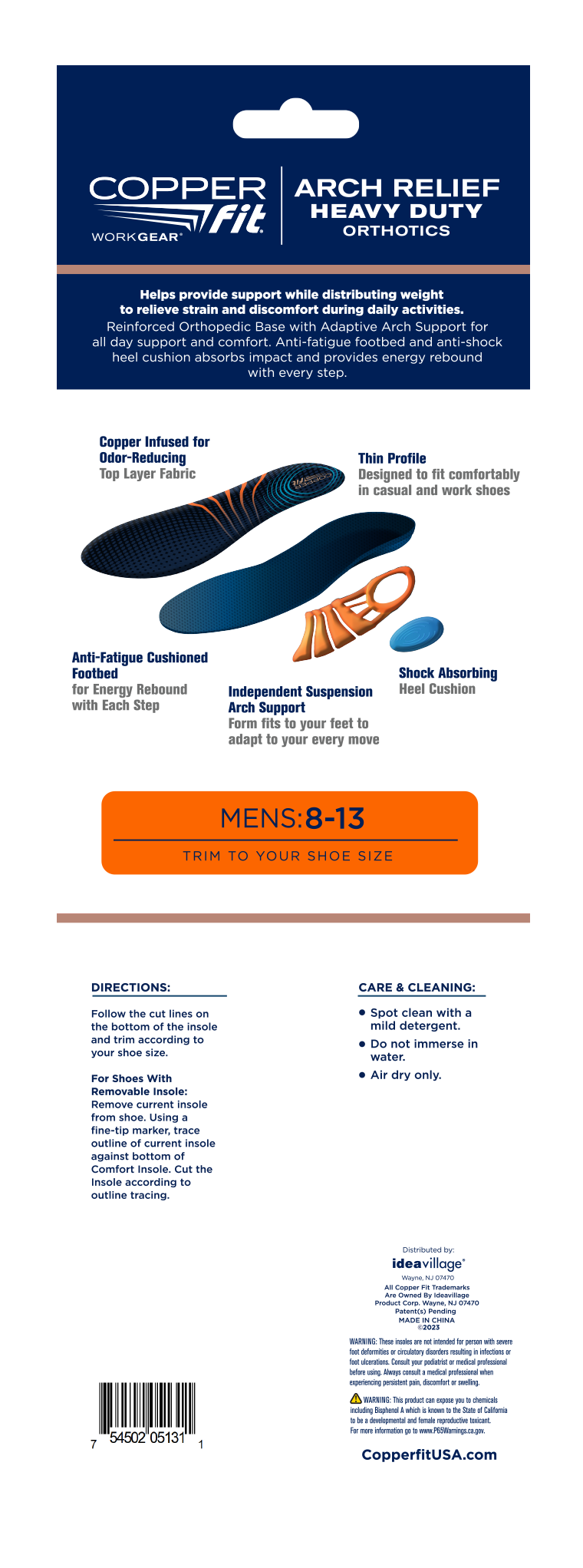 Copper Fit® Work Gear Arch Relief Orthotic Insoles, One Size Fits Most