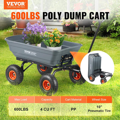 VEVOR 4 Cu.Ft. 600lbs Poly Garden Cart Dump Wagon, Heavy Duty Yard Dump Cart Wagon