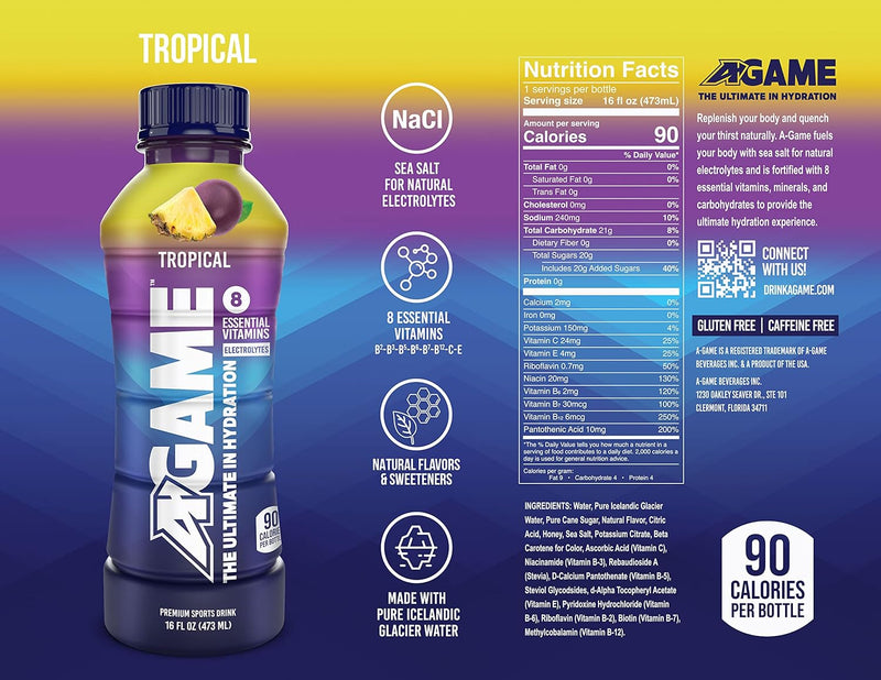 12 Pack of A-GAME Sports Drink, Tropical, 16 oz BB 11/24