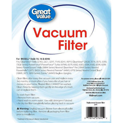 Great Value BISSELL Style 10, 16, & 6046 Vacuum Filter, 1 Count