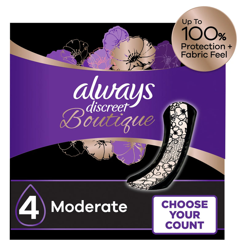 Always Discreet Boutique Incontinence Pads 4 Drop Moderate Absorbency ...