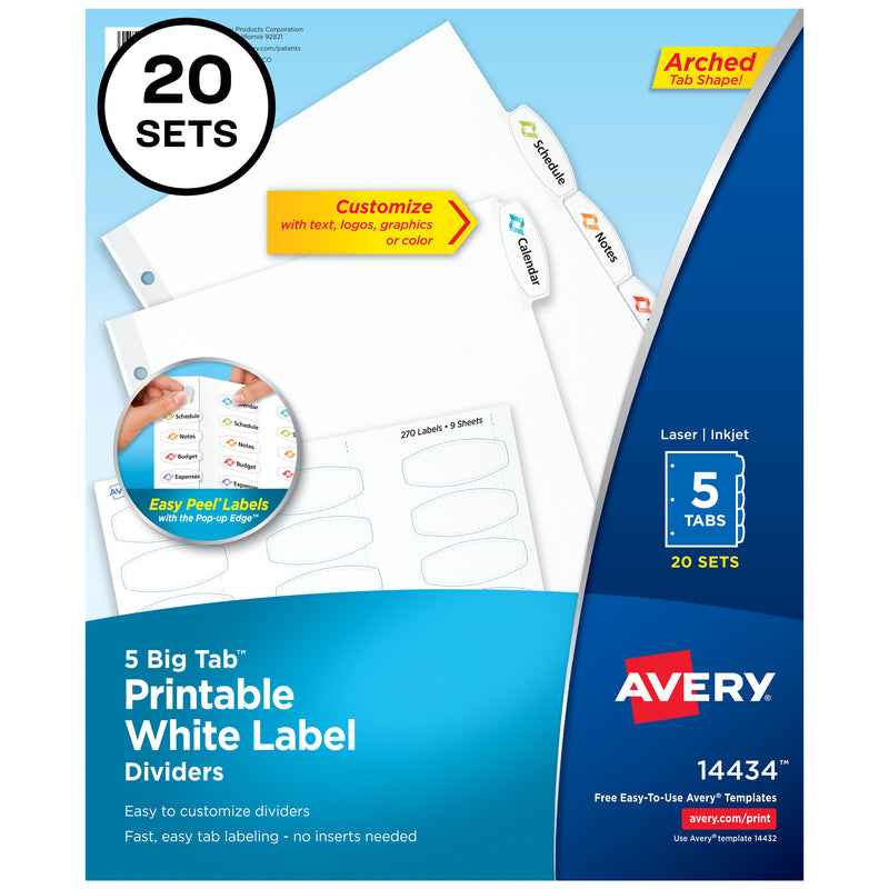 Avery Big Tab Printable Label Dividers, Easy Peel, 5 Tabs, 20 Sets (14434)