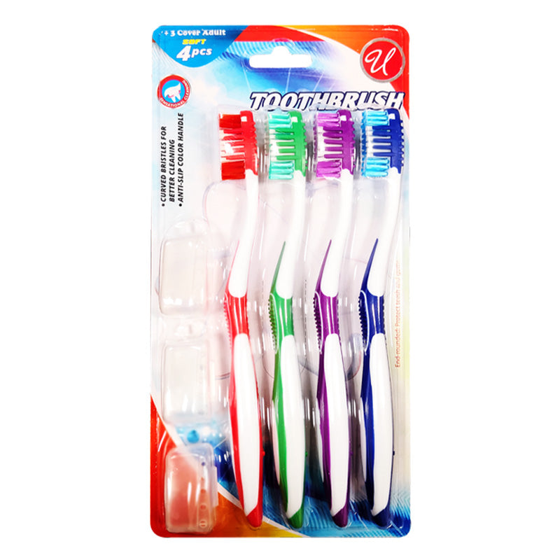 4 Pack Toothbrushes with 3 Travel Caps, Soft