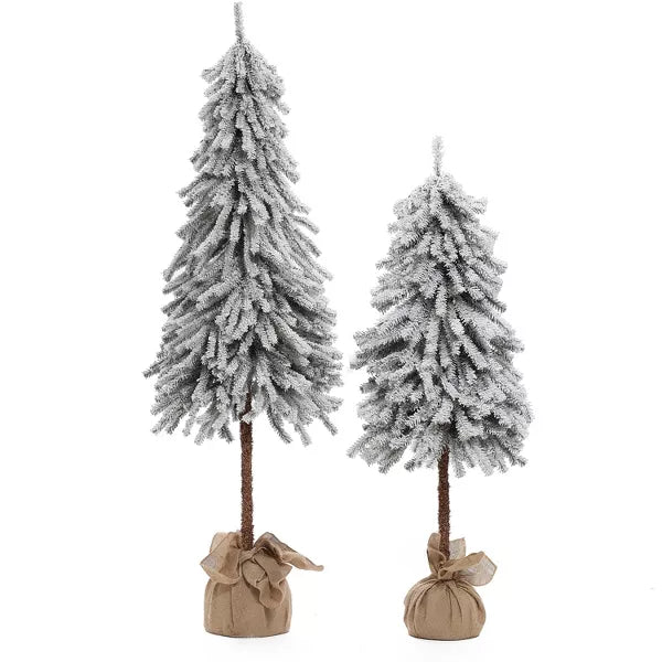 Set of 2 Pre-lit Snow-Flocked Potted Artificial Christmas Tree, White
