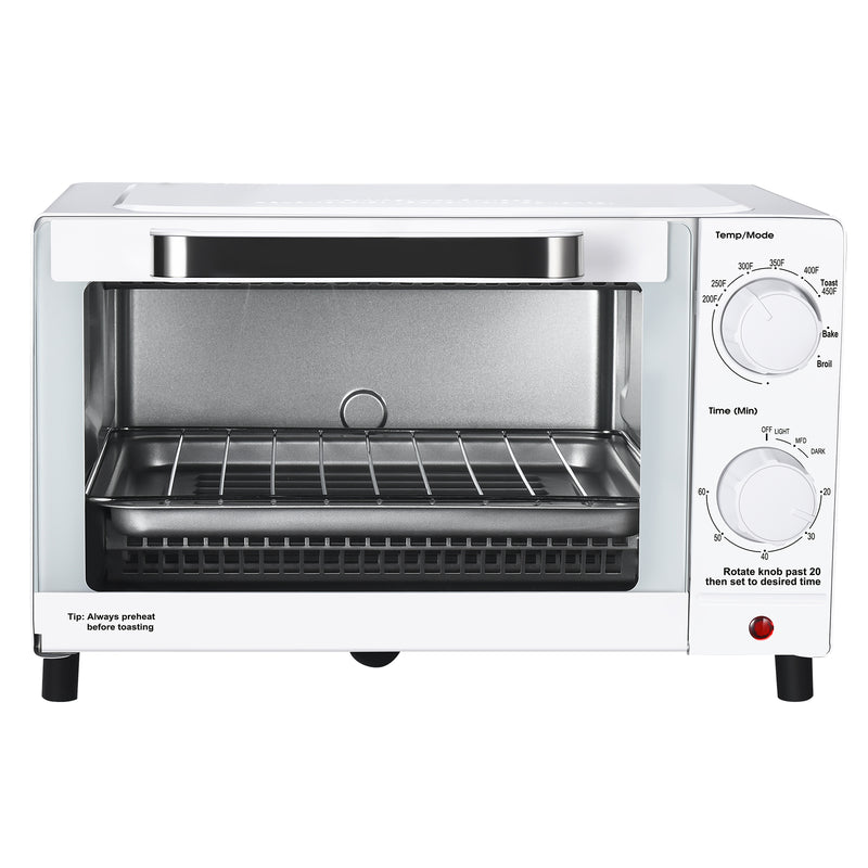 Mainstays 4 Slice Toaster Oven with 3 Settings, includes Baking Rack and Pan, White, New