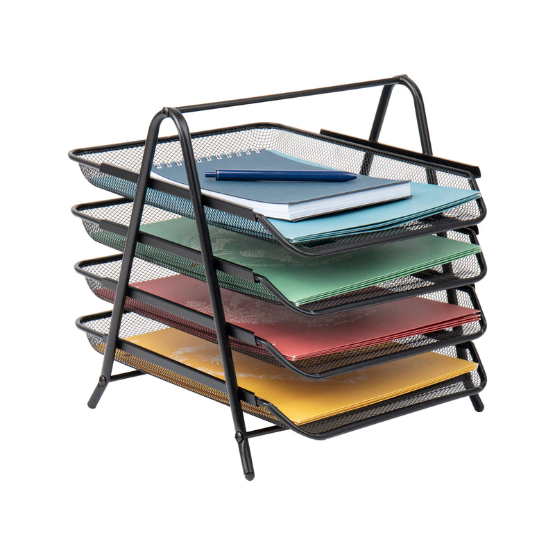 Mind Reader Mesh 4-Tier Desk Letter Organizer with 4 Sliding Trays, Black