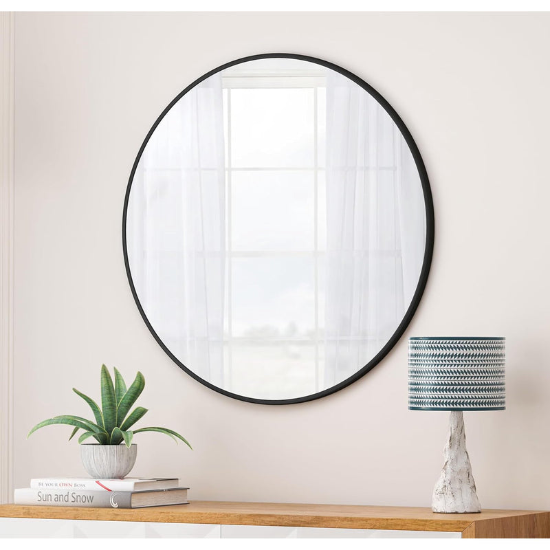 36" Round Wall Mirror, Black Metal Frame