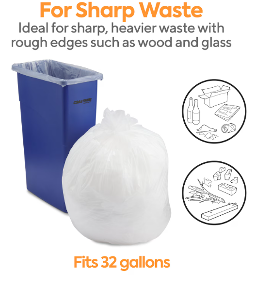 32 Gallon Industrial Trash Bags, 100 Count, Clear