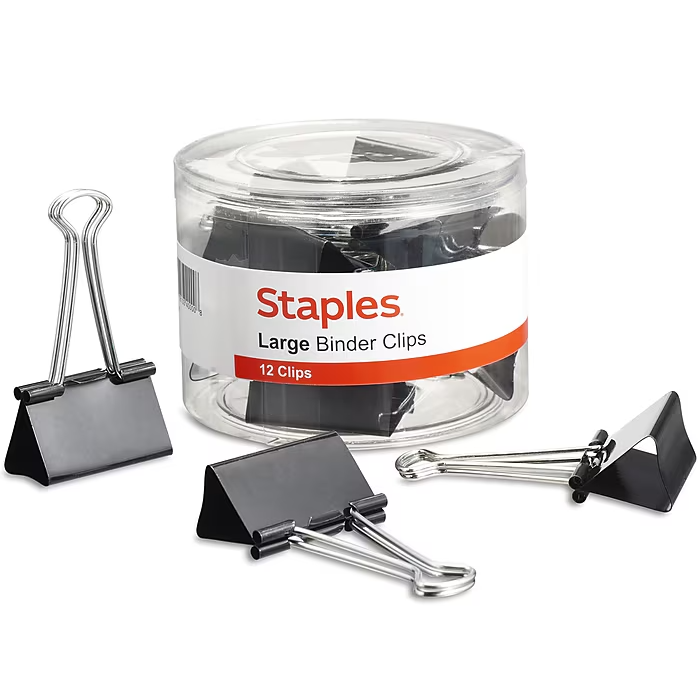 Staples Large Binder Clips, 1" Capacity, Black, 12 Clips