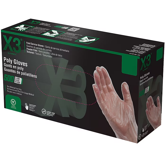 Ammex X3 Poly Food Safe Industrial Gloves, Latex Free, Large, Clear, 500/Box