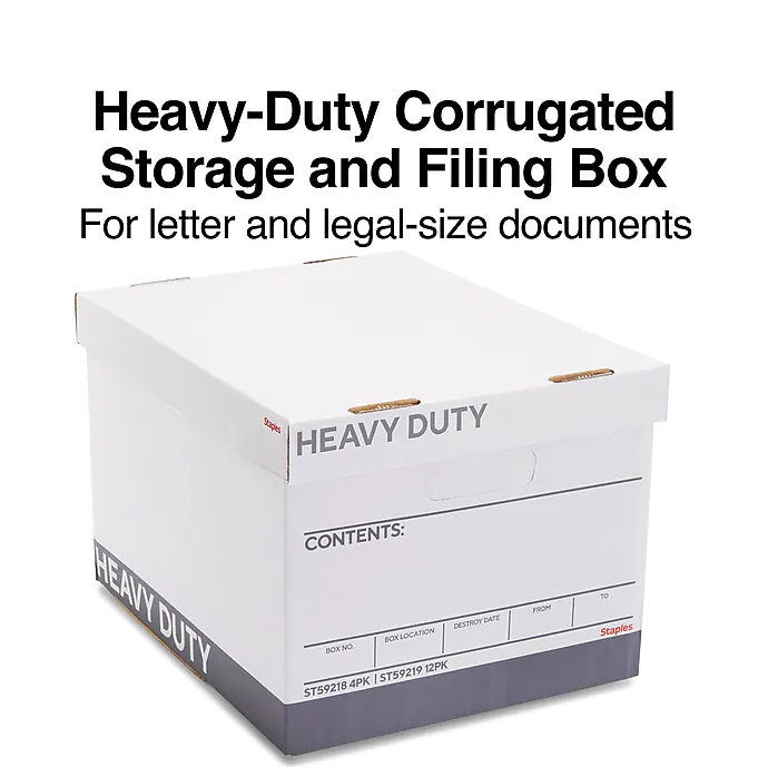 Staples Heavy Duty File Box, Lift Off Lid, Letter/Legal, 12/Carton