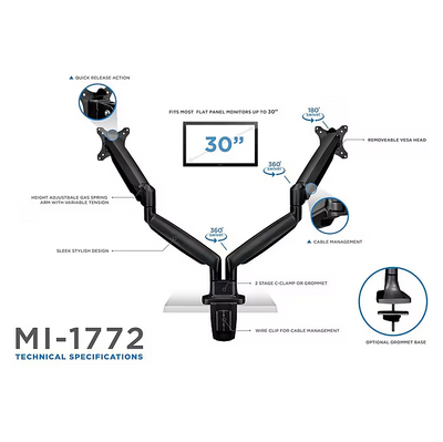 Height Adjustable Dual Monitor Desk Mount Arms for 13" to 32" Monitors