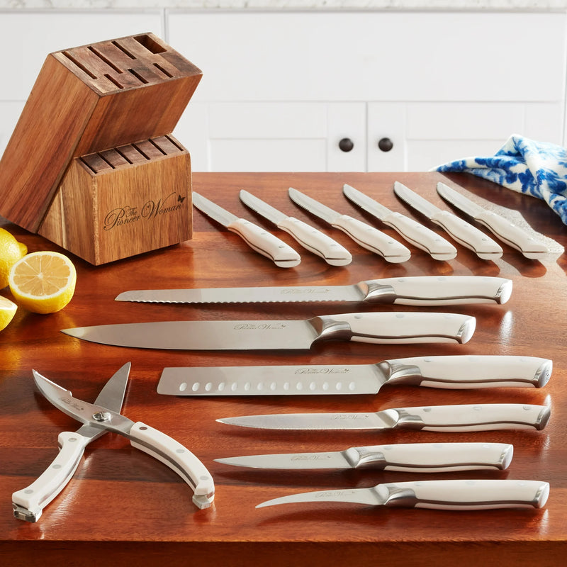 The Pioneer Woman Pioneer Signature 14-Piece Stainless Steel Knife Block Set, Linen