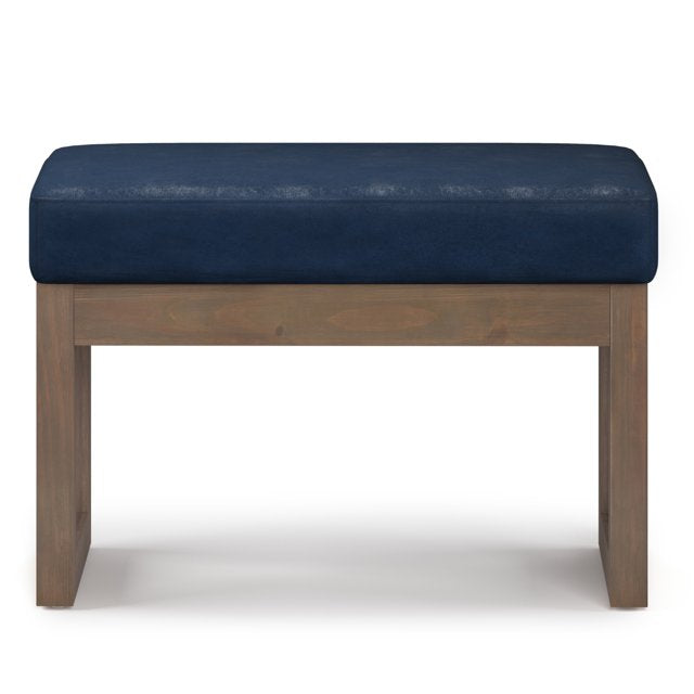 Simpli Home Milltown 26" Footstool Ottoman Bench in Dark Blue Faux Leather