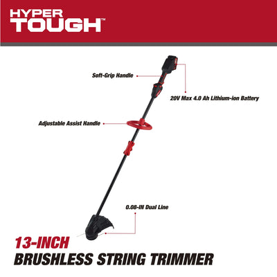 Hyper Tough 20V 13" Brushless String Trimmer with Rapid Reload Trimmer Head