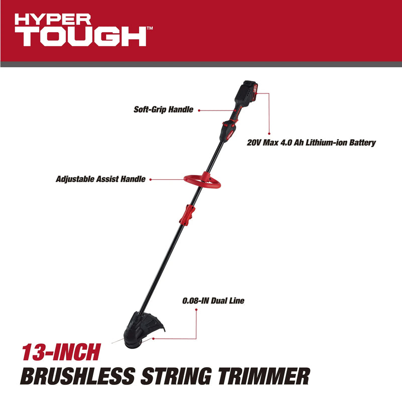 Hyper Tough 20V 13" Brushless String Trimmer with Rapid Reload Trimmer Head