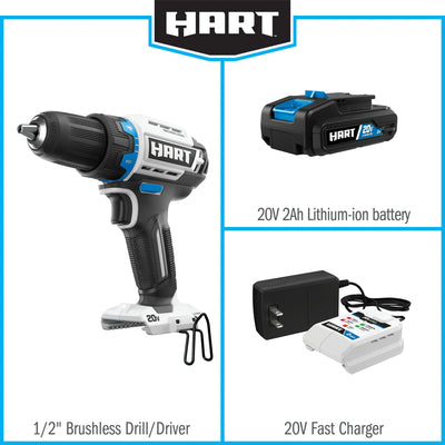 HART 20-Volt Cordless Brushless 1/2-inch Drill/Driver Kit and 10-inch Storage Bag