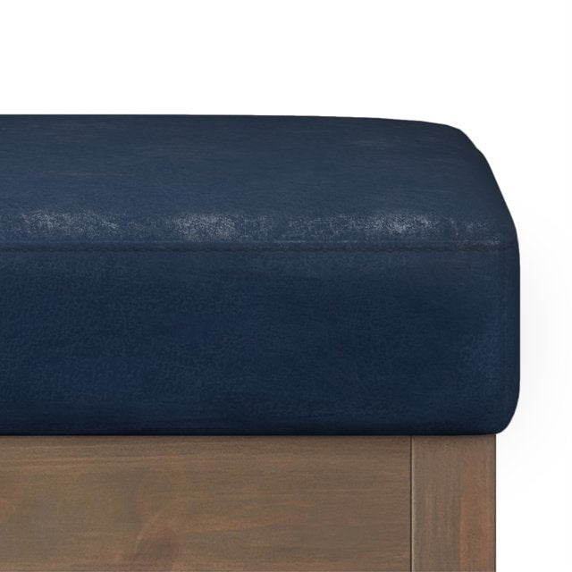 Simpli Home Milltown 26" Footstool Ottoman Bench in Dark Blue Faux Leather