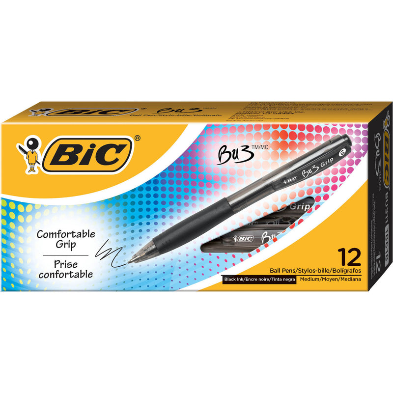 BIC Grip Retractable Ballpoint Pens, Black, 12/Pack