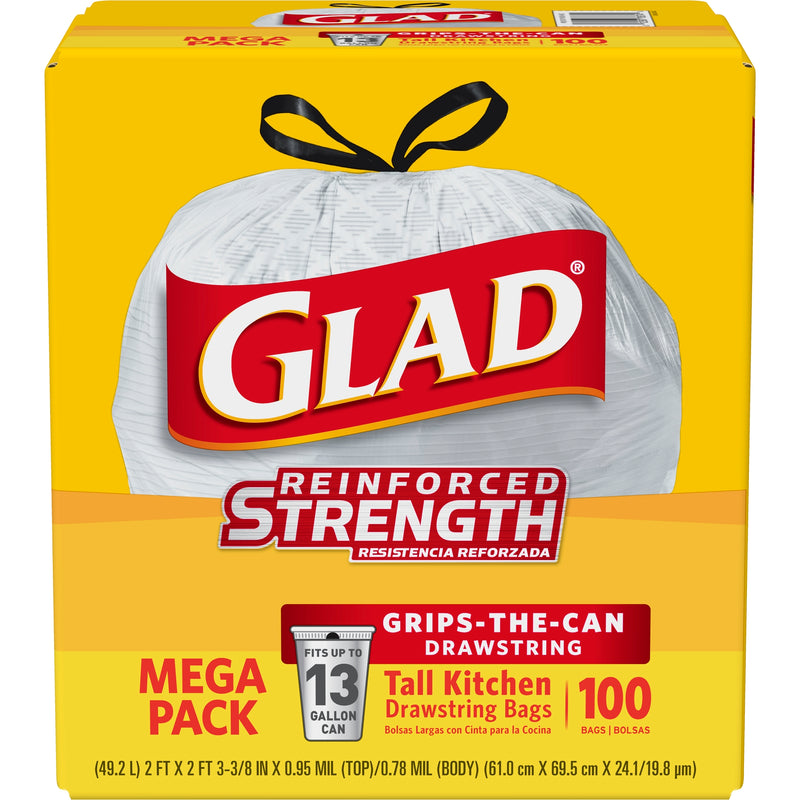 Glad Force Flex Tall Drawstring Bags, 13 Gal, 100/Case