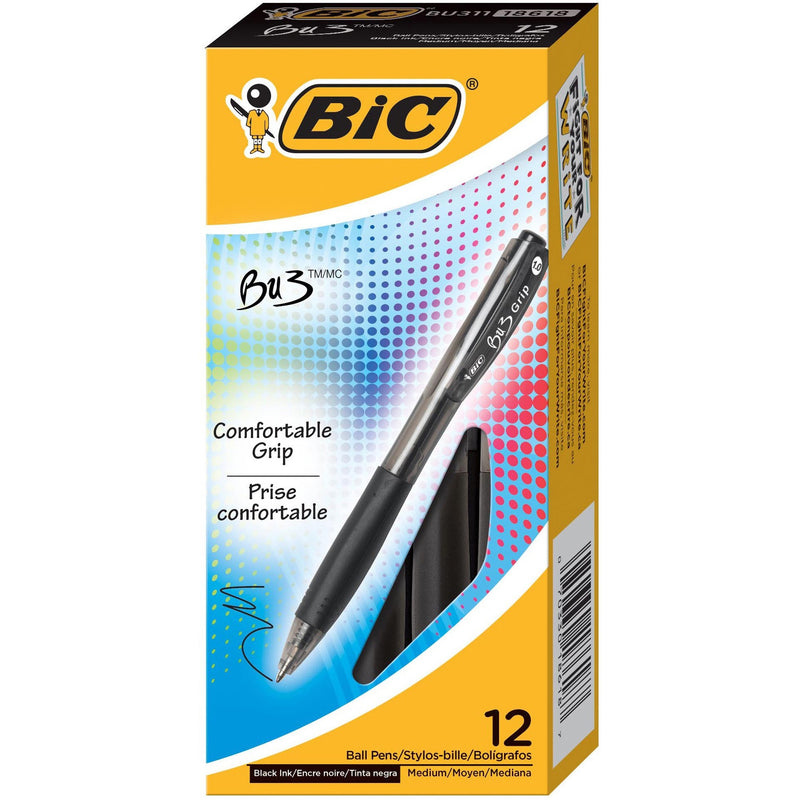 BIC Grip Retractable Ballpoint Pens, Black, 12/Pack