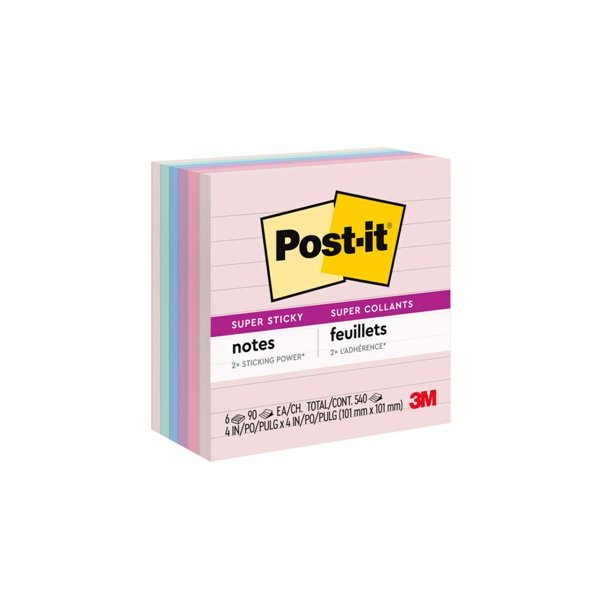 Post-it Recycled Super Sticky Notes, 4" x 4", Wanderlust Pastels, Lined, 6/Pack